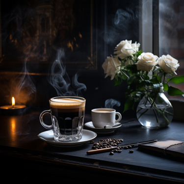 A steaming glass of Hello Darkness My Old Friend – Bold Guatemalan Dark Roast Coffee sits on a saucer, accompanied by dark chocolate, coffee beans, a notepad, pen, a lit candle, and white roses setting a moody scene.